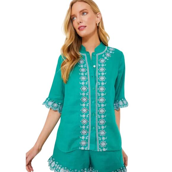 New Hyacinth House Women's XS Green Embroidered Ruffle Linen Montauk Lounge Top - Picture 1 of 10